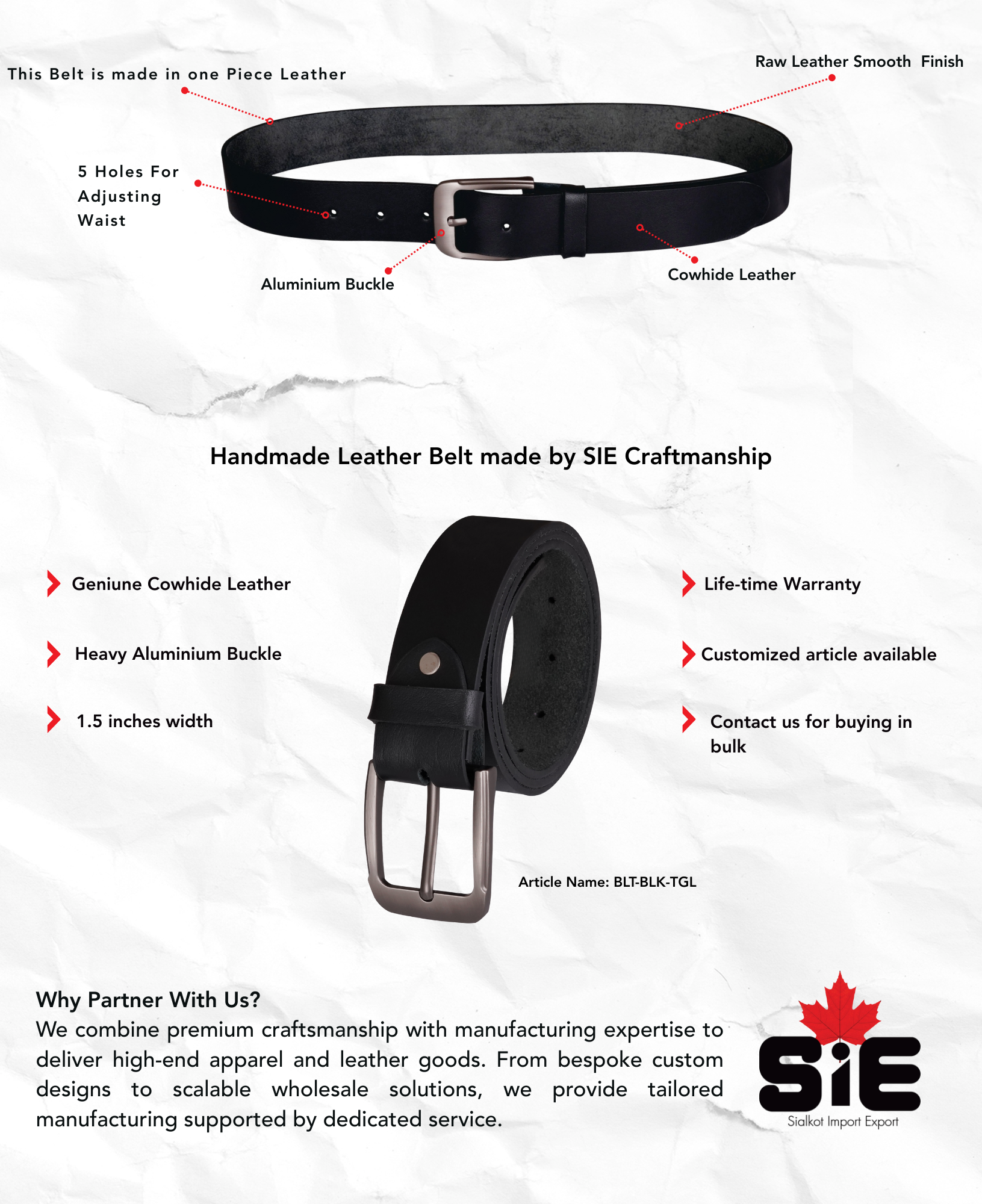 Black Leather Belt - Men's description image