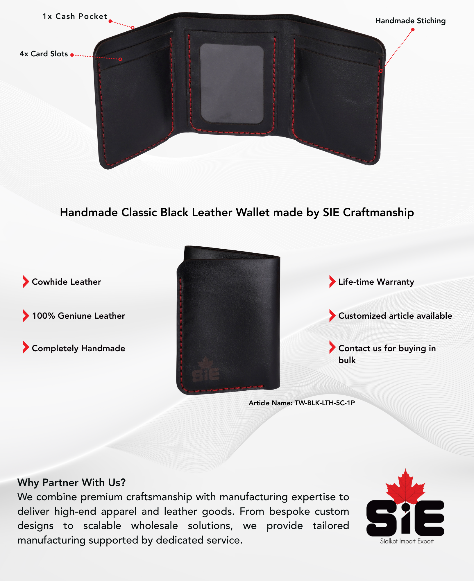 Black Tri-Fold Handmade Leather Wallet - Men's description image
