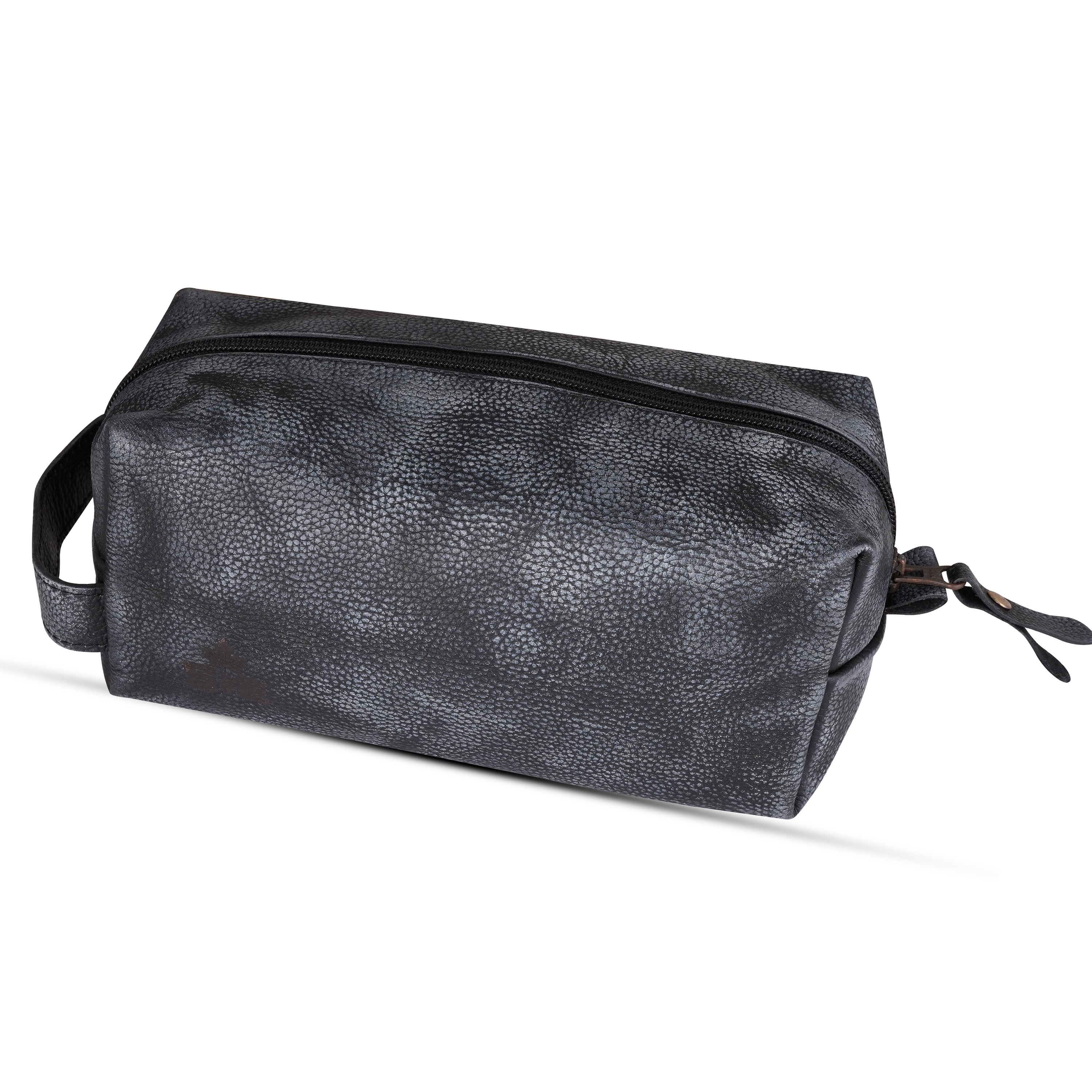 Distressed Black Leather Toiletry Pouch - Men's